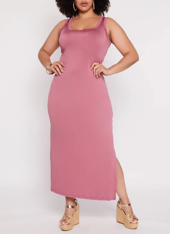 Plus Size Scoop Neck Side Slit Maxi Tank Dress Wedding guest maxi dresses