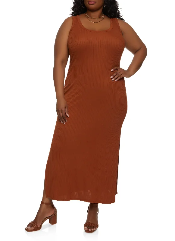 Plus Size Ribbed Side Slit Maxi Tank Dress Summer party maxi dresses