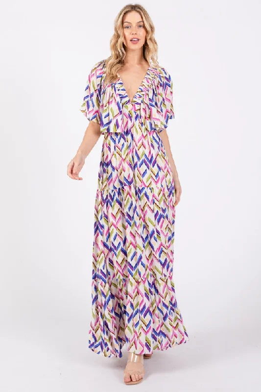 Multicolor Printed Deep V-Neck Tiered Maxi Dress Best maxi dresses for elegant looks