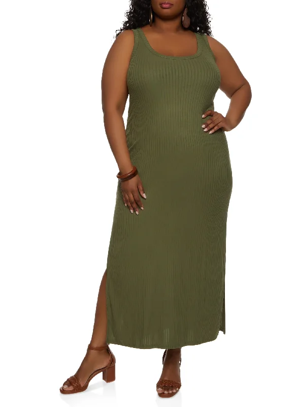 Plus Size Ribbed Side Slit Maxi Tank Dress Clubbing maxi dresses