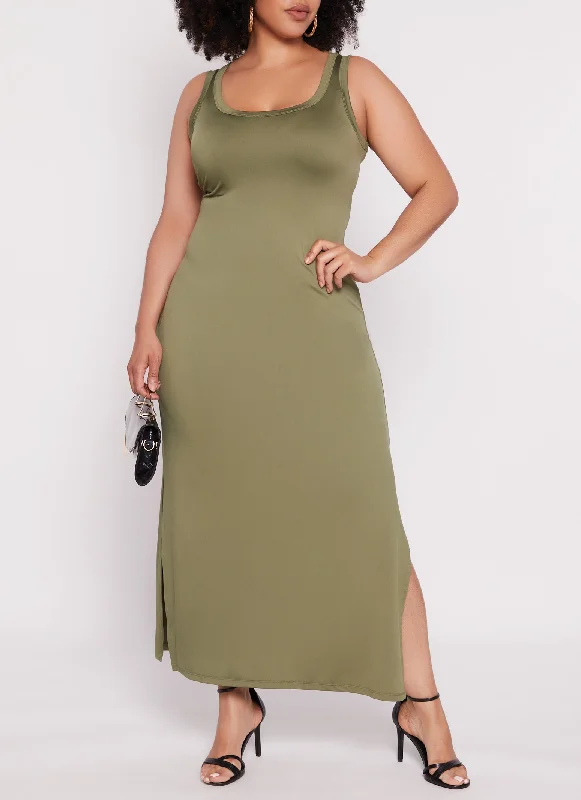 Plus Size Scoop Neck Side Slit Maxi Tank Dress Vacation maxi dresses