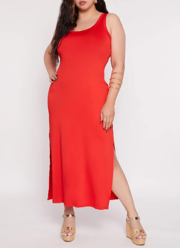 Plus Size Scoop Neck Side Slit Maxi Tank Dress Knitted maxi dresses