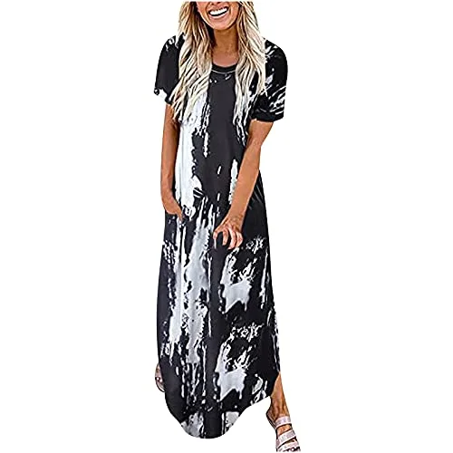 Women Short Sleeve Sleeveless Sundress Side Split Maxi Dress with Pocket Summer Solid Floral Star Tie Dye Hippie Soul | Original Brand Flattering maxi dresses for all body types