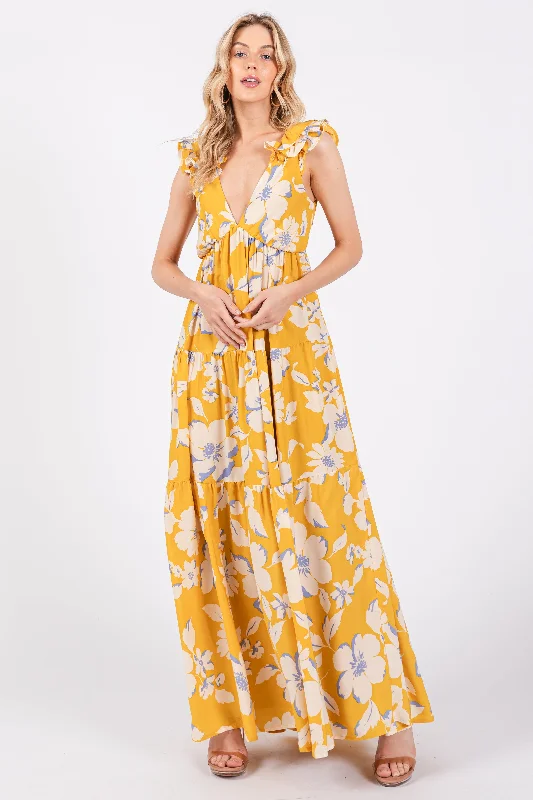 Yellow Floral Deep V-Neck Open Back Maxi Dress Best maxi dresses for summer vacation