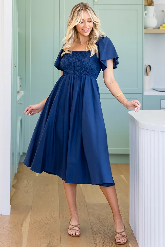 Ailish Shirred Midi Dress Deep Blue Knitted midi dresses