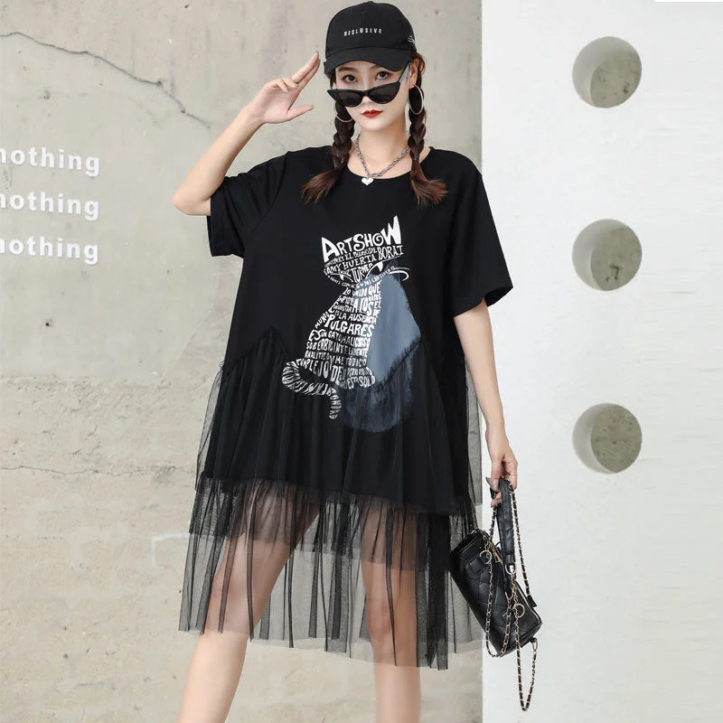 Cat Designed Tulle Loose Summer Black Midi Dresses Fashion-forward midi dresses