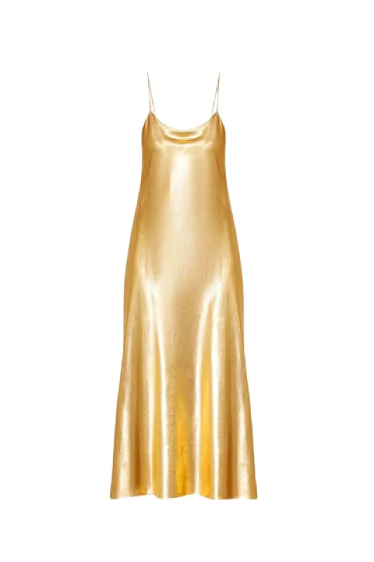 JOSEY GOLD METALLIC COATED SILK MIDI DRESS Satin midi dresses