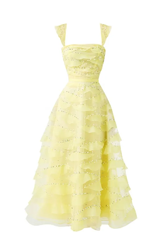 LIGHT YELLOW ORGANZA LAYERED MIDI DRESS Festival midi dresses