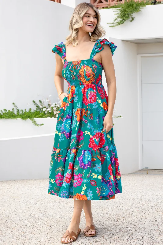 Marigold Shirred Midi Dress Moroccan Sun Print Best midi dresses for curvy figures