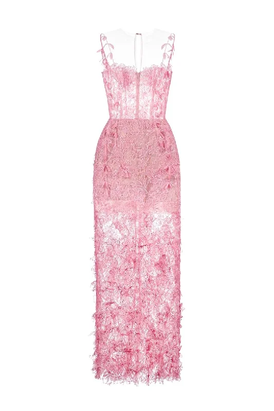 PINK BEADED LACE PENCIL MIDI DRESS Office midi dresses