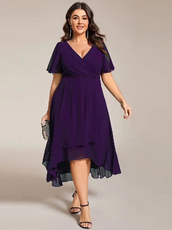 Plus Size Chiffon Short Sleeves Pleated V-Neck A-Line Midi Wedding Guest Dress Flattering midi dresses for all body types