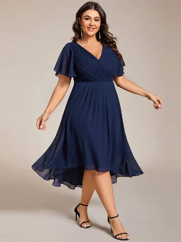 Plus Size Double V-Neck Ruffles Sleeve Chiffon Midi Wedding Guest Dress Chiffon midi dresses