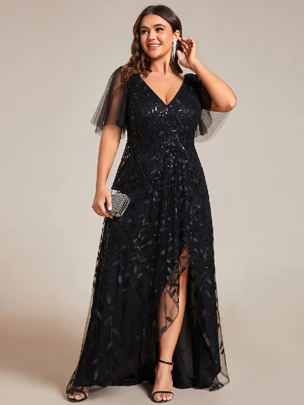 Plus Size Short Sleeves Sequin High Low V-Neck Midi Formal Evening Dress Vacation midi dresses