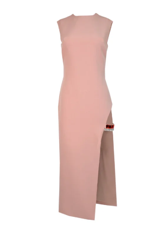 POWDER PINK CRYSTAL-ADORNED MIDI DRESS Designer midi dresses