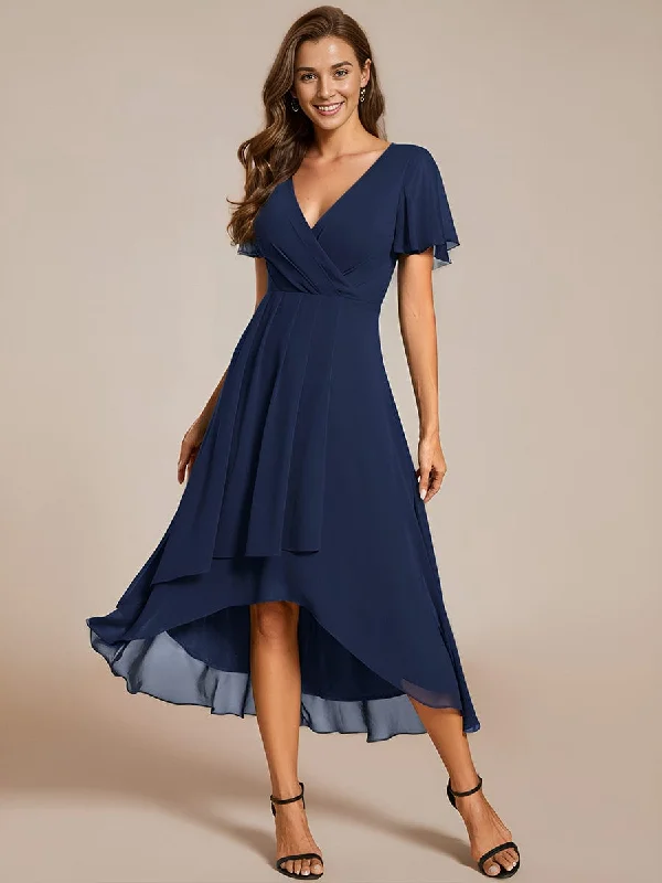 Ruffles Sleeve Pleated V-Neck A-Line Midi Chiffon Wedding Guest Dress Summer midi dresses