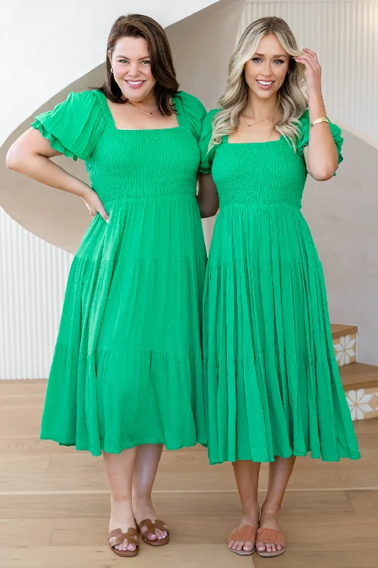 Shiloh Shirred Midi Dress Emerald Green Dobby Date night midi dresses