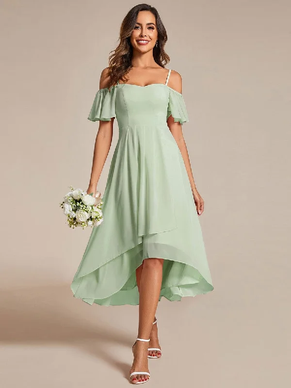 Spaghetti Strap Cold Shoulder Chiffon A-Line Midi Wedding Guest Dress Fall midi dresses