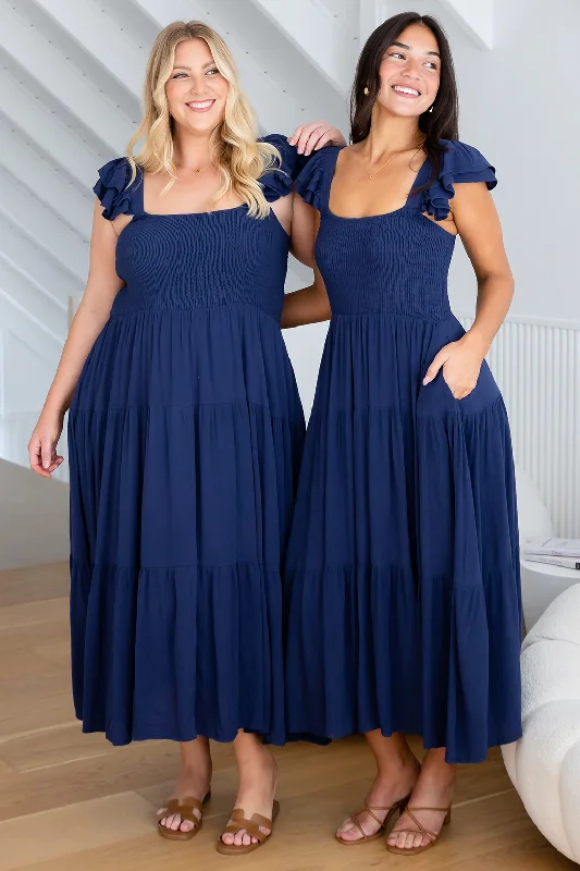 Tallulah Shirred Midi Dress Deep Blue Formal midi dresses