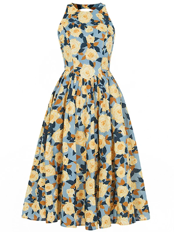 1950S Hepburn Style Outfits Blue And Yellow Floral Print Back Hollow Heart Swing Dress Sexy floral print dresses