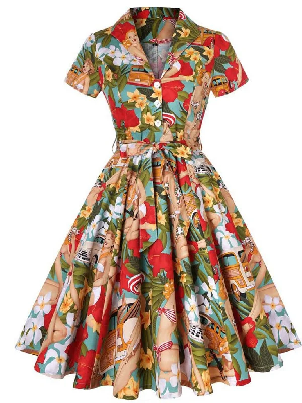 1960S Floral Print Swing Vintage Dress With Belt Comfortable floral dresses for everyday wear