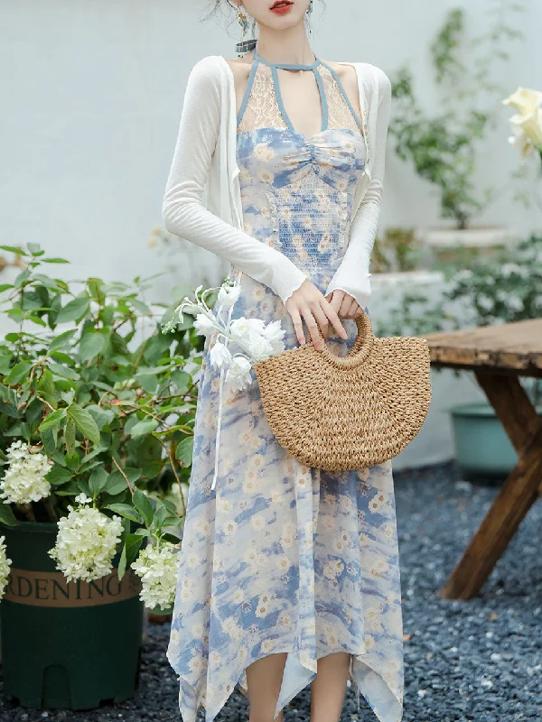 2PS Blue Daisy Floral Print Halter Neck Dress With White Shawl Dress Suit Long floral dresses