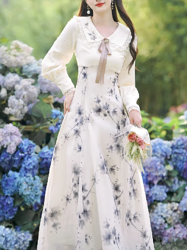 Apricot Floral Printed Large Lapel Fake Two-piece Vintage Dress Must-have floral dresses for this season