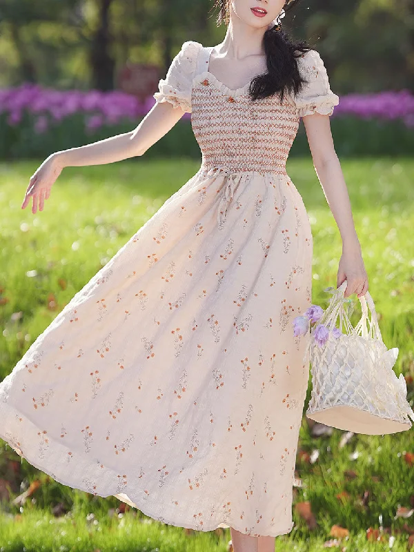 Apricot V Neck Floral Smocking Princess Puff Sleeve Vintage Dress Cotton floral dresses