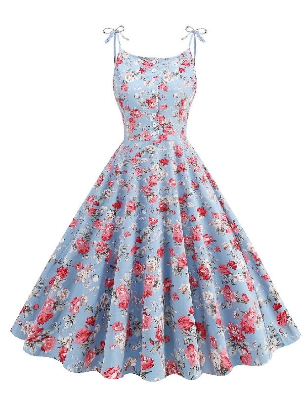 Baby Blue Floral Print Tie-up Spaghetti Straps 1950S Retro Swing Dress With Pockets Short floral dresses