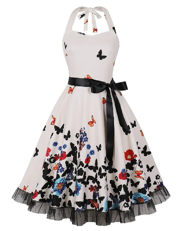 Butterfly Floral Print Sweet Heart Halter Sleeveless 1950S Vintage Dress Petite floral dresses