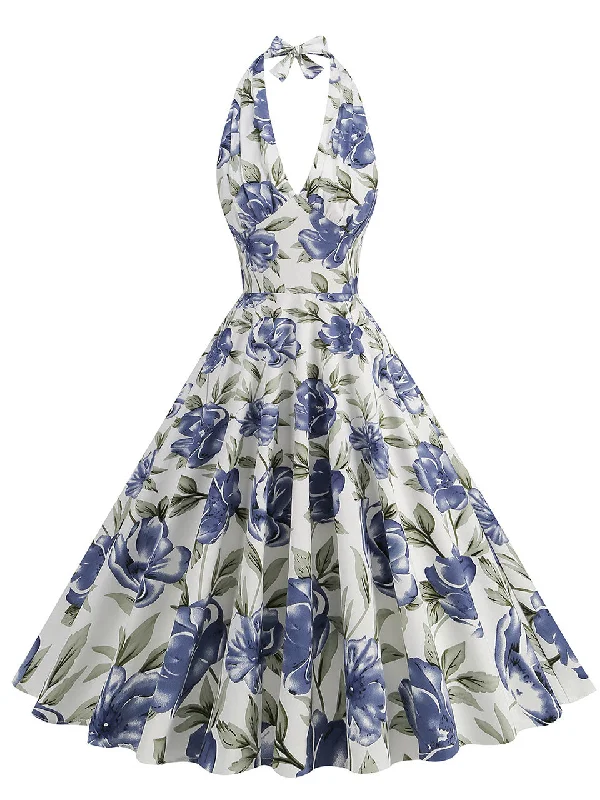 Floral Blue Bow Halter Backless 1950S Vintage Swing Dress Best floral dresses for elegant looks