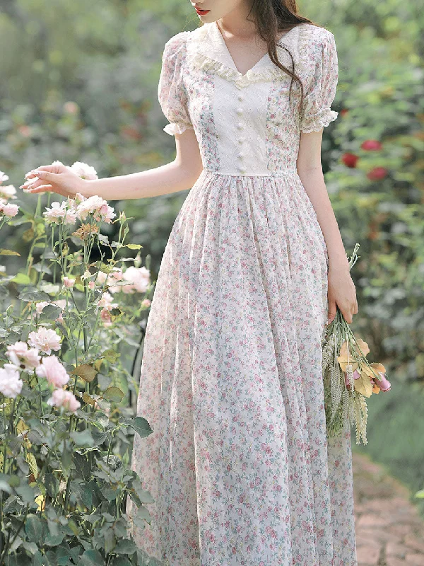 Pink Lace Floral Print Puff Sleeve Fairy Corecottage Dress Hot new arrivals in floral dresses