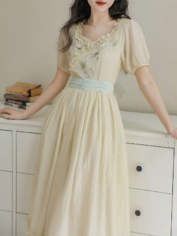 Apricot V Neck Floral Ruffles Princess Puff Sleeve Vintage Dress Chiffon floral dresses