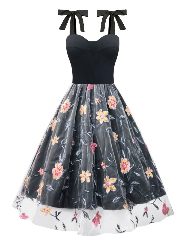 Black Floral Strap Lace 1950s Vintage Swing Dress Wedding floral dresses