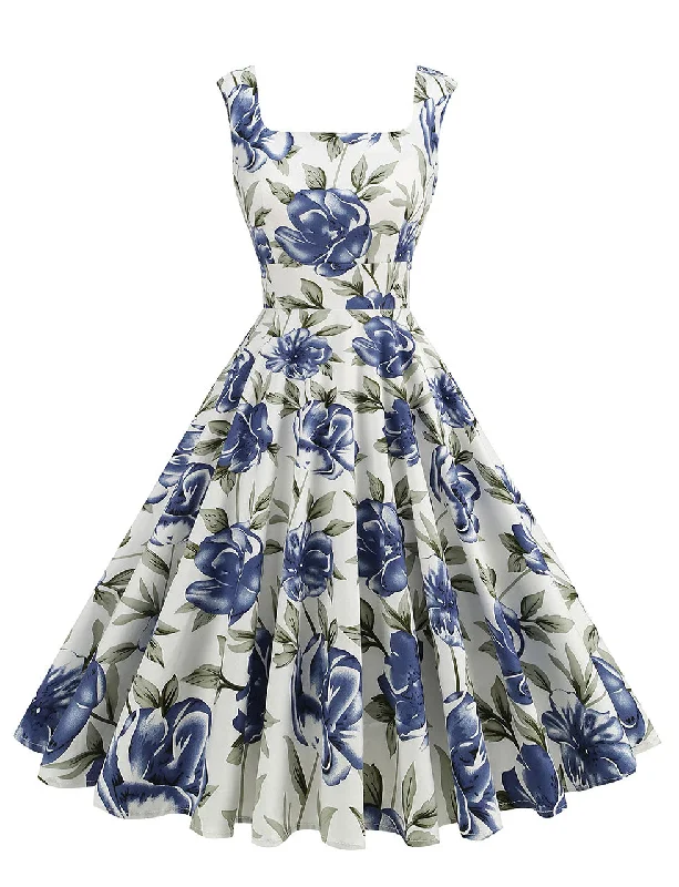 Blue Floral Print  Sleeveless 1950S Vintage Dress Spring floral dresses