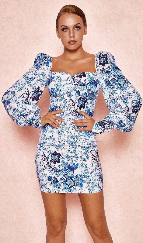 BLUE + WHITE PRINT PUFF SLEEVE  FLORAL DRESS Discounted floral dresses