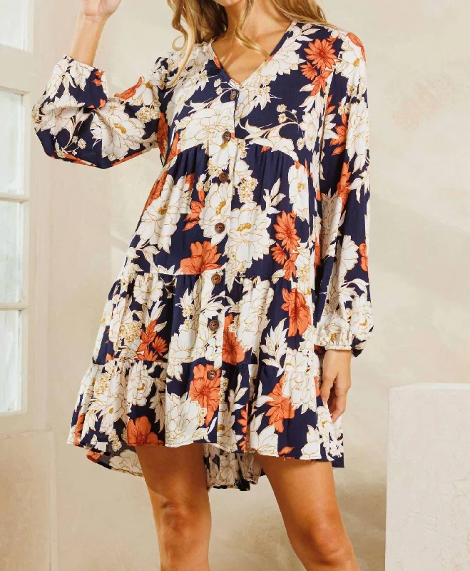 Floral V-Neck Tiered Mini Dress In Navy Chic Denim Skirt