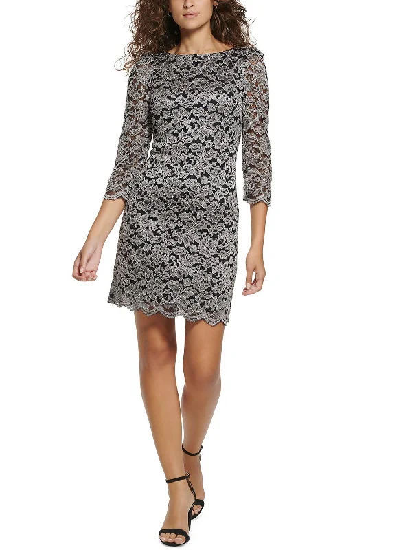 Womens Lace Mini Shift Dress Long-sleeve Mini Skirt