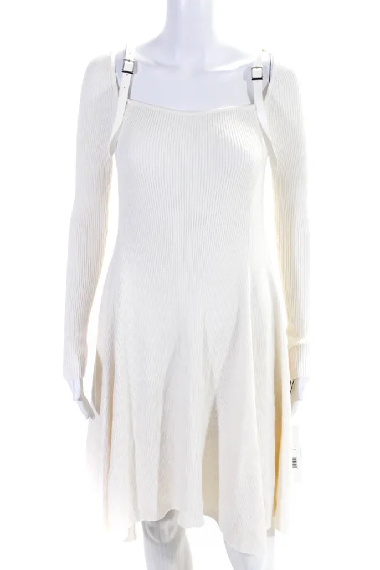 Adeam Womens Long Sleeve Ribbed Knit Colette Dress White Ruffle Long Maxi