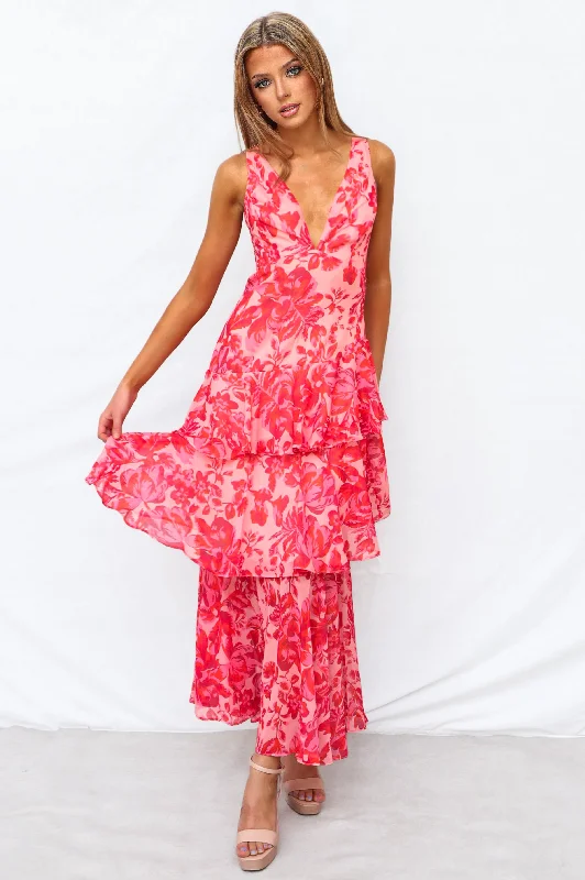 Elleny Maxi Dress - Red Floral Printed A-line Maxi