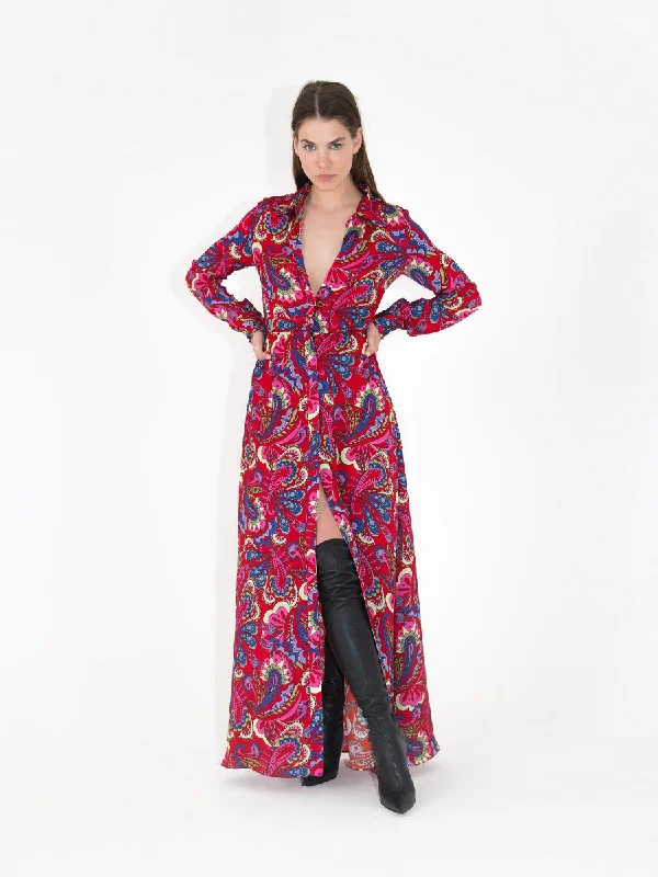 Jacqueline Crepe Shirt Maxi Dress - Paisley Red Soft Maxi Dress