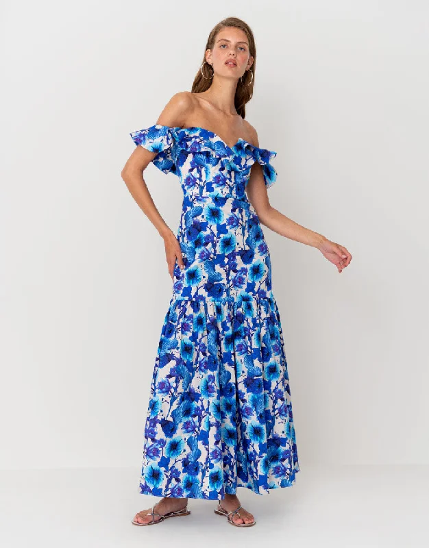 Jazella Cotton Maxi Dress - Venus Shell Blue Summer Floral Maxi