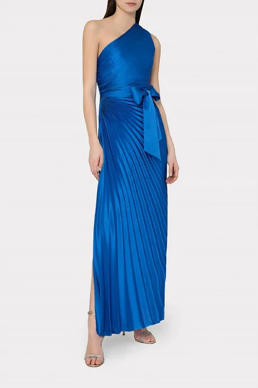 Pleated Satin Maxi Dress In Blue Tulle Layered Maxi