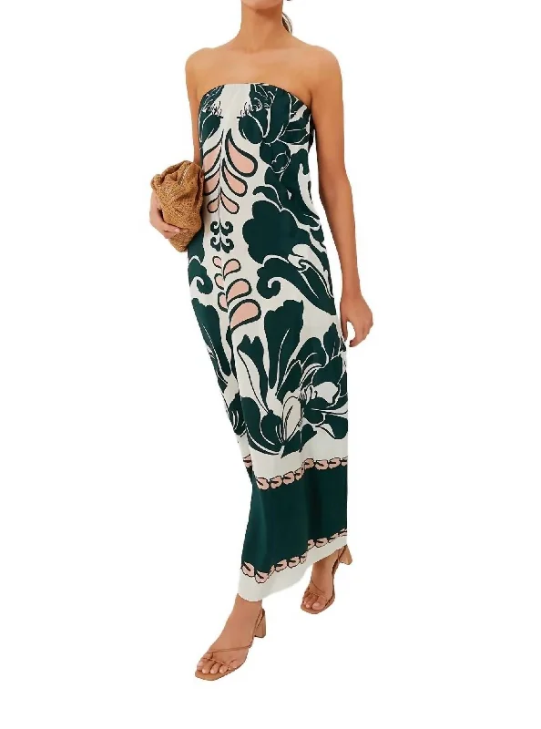 Spray Of Flower Strapless Long Dress In Dark Green Elegant Long Skirt