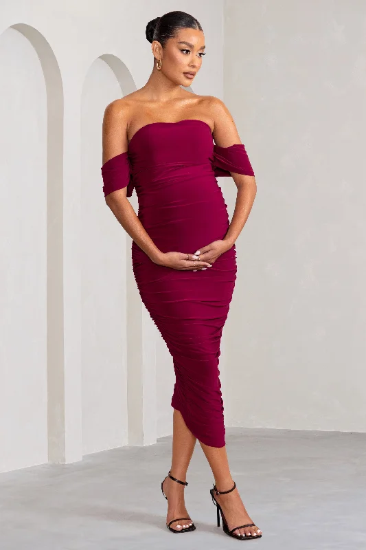 Plus One | Berry Maternity Ruched Bardot Midi Dress Wrap Midi Skirt