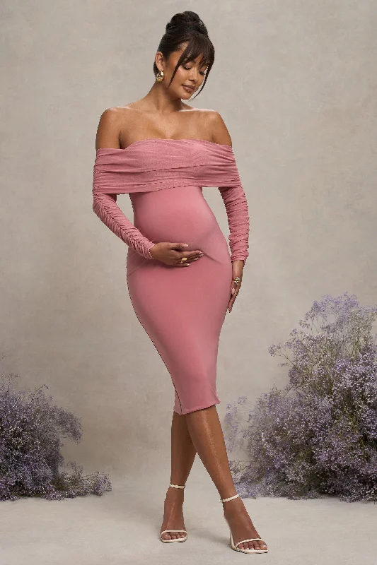 Patiently Waiting | Blush Pink Maternity Ruched Mesh Bardot Midi Dress Knit Midi Skirt