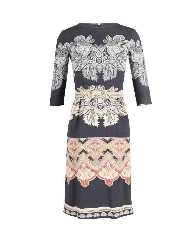 Etro Belted Printed Midi Dress in Black Print Wool Long Midi Skirt