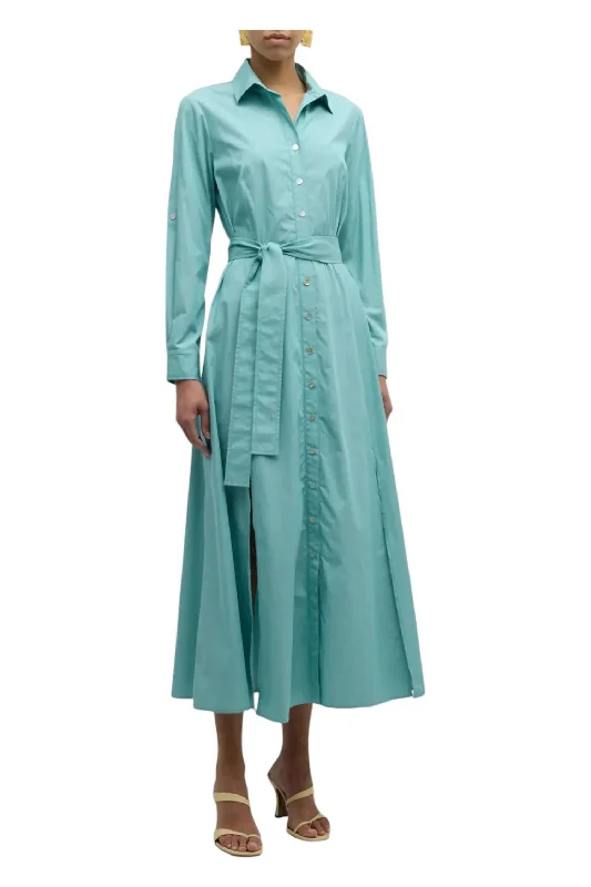 Laine Side-Slit Midi Shirtdress In Turquoise Sporty Midi Skirt