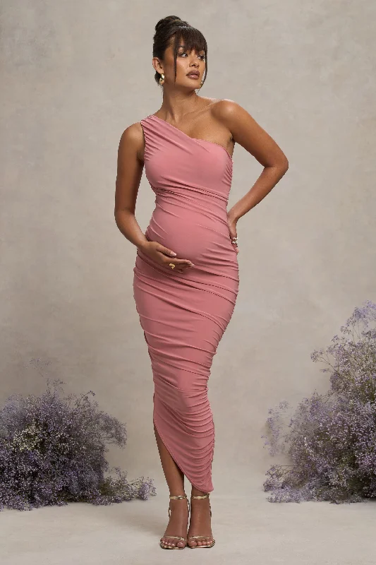 Late Night | Blush Pink Maternity Ruched One Shoulder Midi Dress Printed Midi Outfit