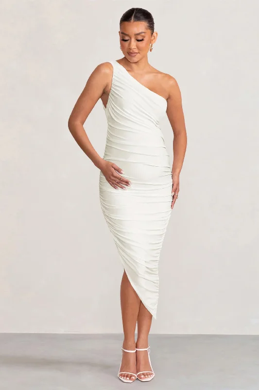 Late Night | White Maternity Ruched One Shoulder Midi Dress Midi Skirt Blouse