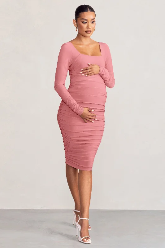 New Life | Pink Maternity Square Neck Ruched Midi Dress Midi Skirt Outfit